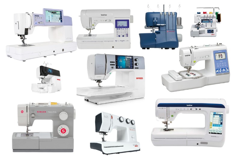 A selection of domestic sewing machines in different styles and sizes, arranged in a display, suitable for home use and hobby sewing projects