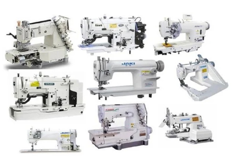 A variety of industrial sewing machines are displayed on a white background