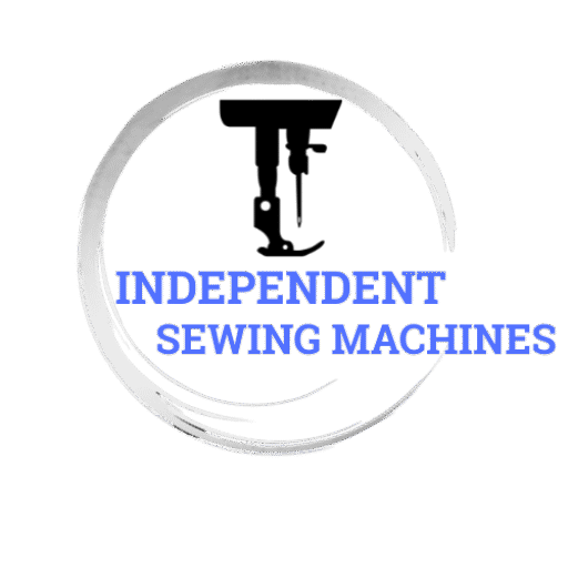 "Independent Sewing Machines logo with transparent background, featuring 'Independent Sewing Machines' in blue, a black sewing machine needle and foot, and a silver half-circle element